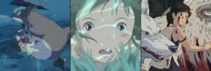 Totoro flying with Satsuki and Mei, Chihiro underwater in Spirited Away, and San with the wolf god Moro in Princess Mononoke