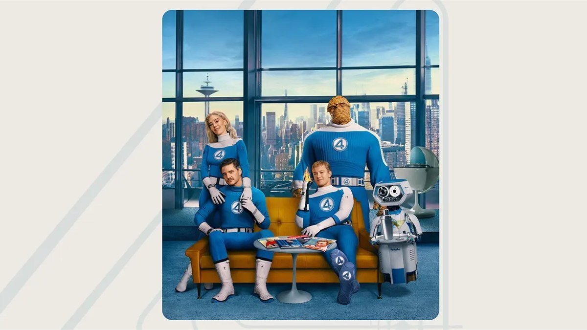 The Fantastic Four in blue suits on a couch with H.E.R.B.I.E. in The Fantastic Four: First Steps art
