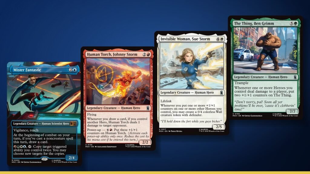 Mister Fantastic, Human Torch, Johnny Storm, Invisible Woman, Sue Storm and The Thing, Ben Grimm Magic cards
