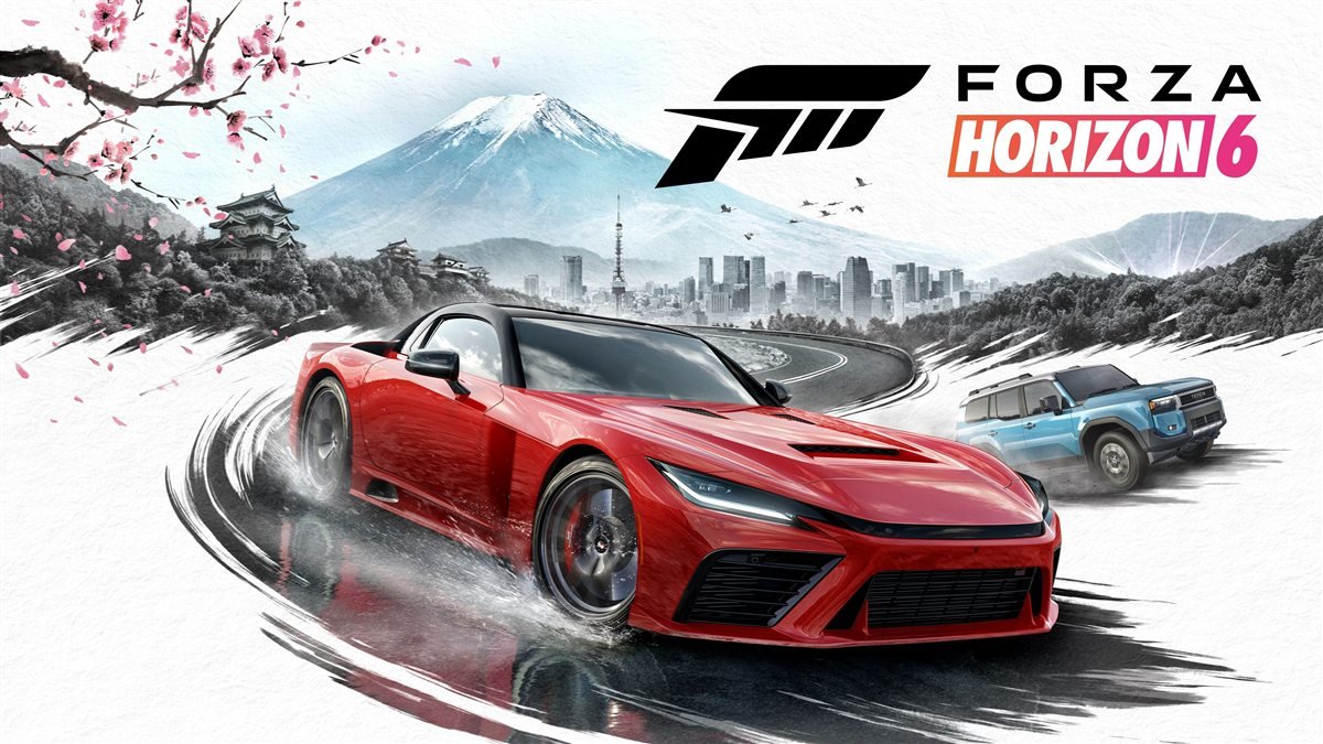 Forza Horizon 6 key art with a red sports car drifting in front of Mount Fuji
