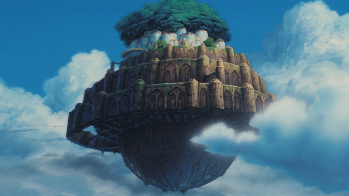 The floating city of Laputa among the clouds in Castle in the Sky