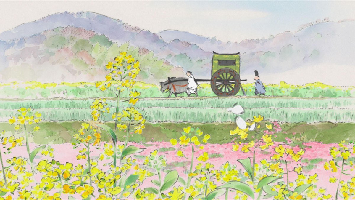 A countryside field of flowers drawn in watercolor in The Tale of the Princess Kaguya