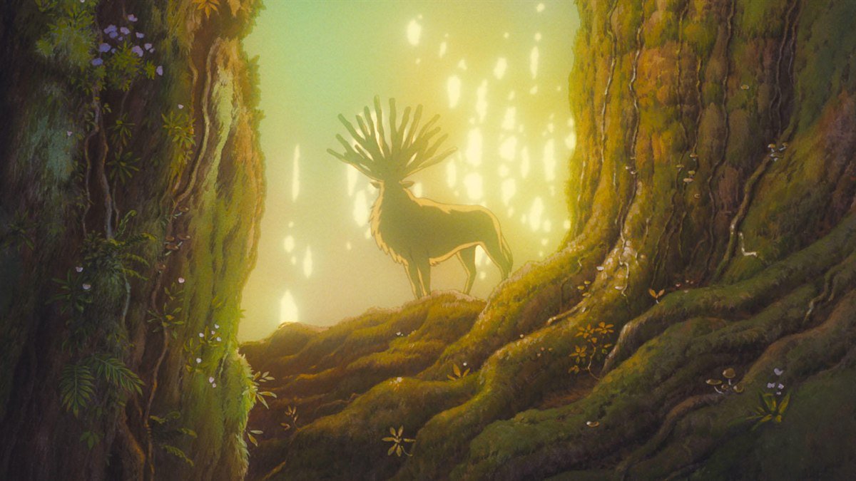 The Forest Spirit standing in a glowing forest in Princess Mononoke