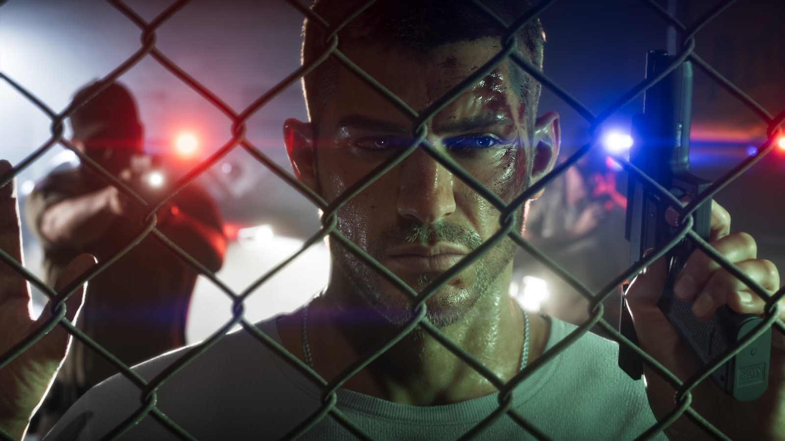 Jason Duval behind a chain-link fence in official GTA 6 artwork from Rockstar Games