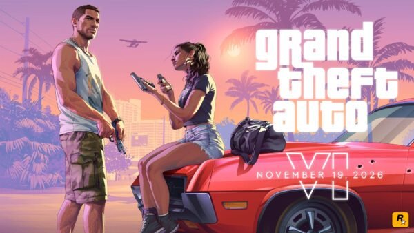 GTA 6 Release Date and Time, Pre-Load and Price: What's Confirmed Official Grand Theft Auto VI key art of Jason and Lucia with a red muscle car in Vice City, showing the November 19, 2026 release date