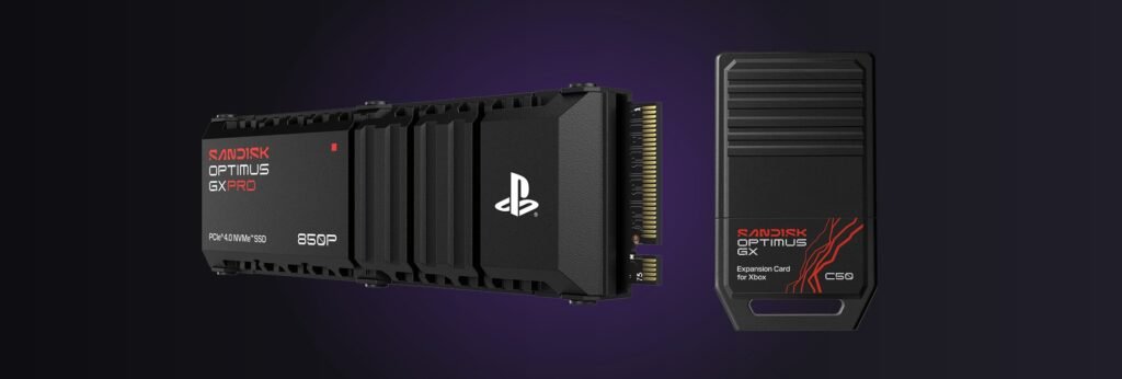 Sandisk Optimus GX PRO 850P PS5 SSD with PlayStation logo next to a Sandisk Optimus GX C50 Xbox Storage Expansion Card