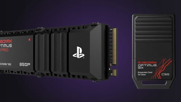 How Much Storage Does GTA 6 Need? (And the Best SSDs for PS5 and Xbox) Sandisk Optimus GX PRO 850P PS5 SSD with PlayStation logo next to a Sandisk Optimus GX C50 Xbox Storage Expansion Card