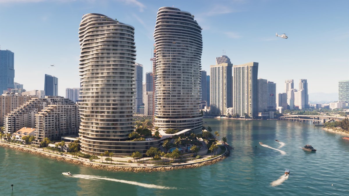 Official GTA 6 screenshot of Vice City towers on the bay, Rockstar Games