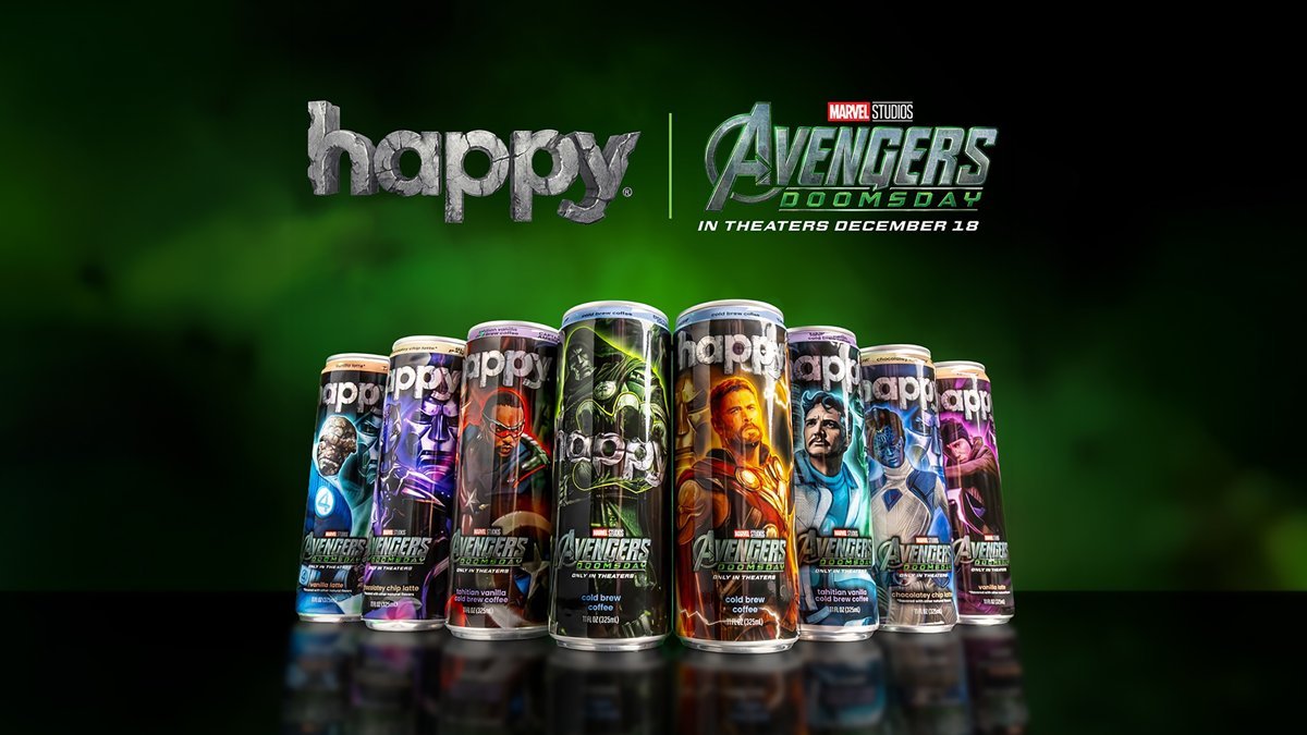 The eight happy coffee Avengers: Doomsday character cans