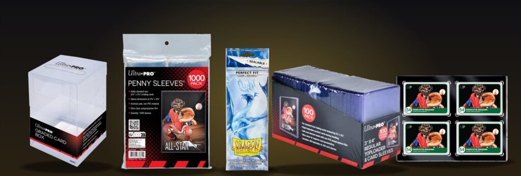 Ultra PRO penny sleeves, toploaders, a graded card box and magnetic holders with Dragon Shield Perfect Fit sleeves