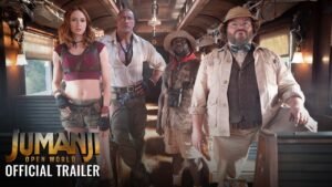 Karen Gillan, Dwayne Johnson, Kevin Hart and Jack Black as their Jumanji avatars in Jumanji: Open World
