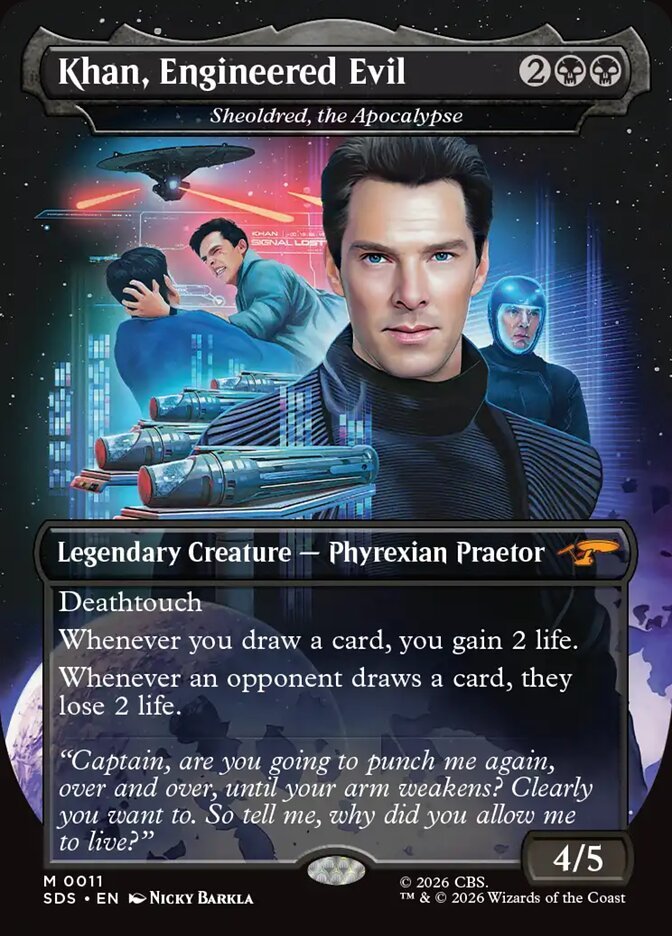 Khan, Engineered Evil Stardates card, a reskin of Sheoldred the Apocalypse
