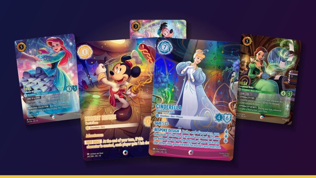 Mickey Mouse Best in Town and Cinderella Unintentional Icon Iconic cards with Ariel, Max Goof and Belle Enchanted cards from Disney Lorcana Hyperia City