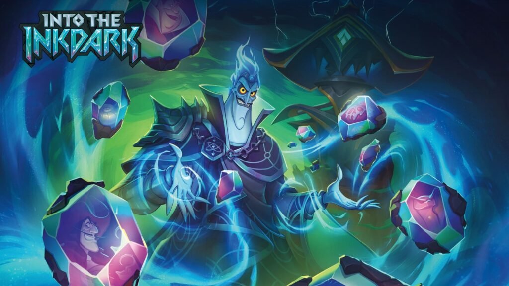 Official Disney Lorcana Into the Inkdark key art with Hades surrounded by glimmer crystals, with the set logo