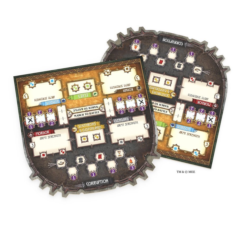 Circle of Conflict battle boards showing armies, nations and the Corruption track