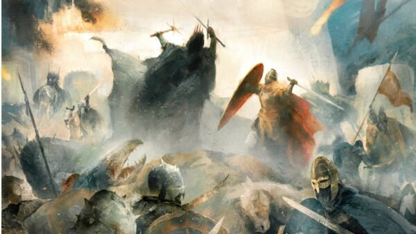 The Lord of the Rings: Circle of Conflict board game key art: Rohan riders and Nazgul in battle