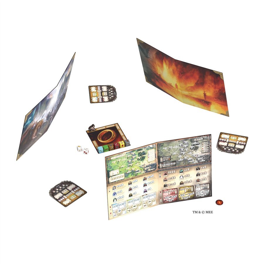 Circle of Conflict components: player boards with the Middle-earth map, battle boards, dice and screens