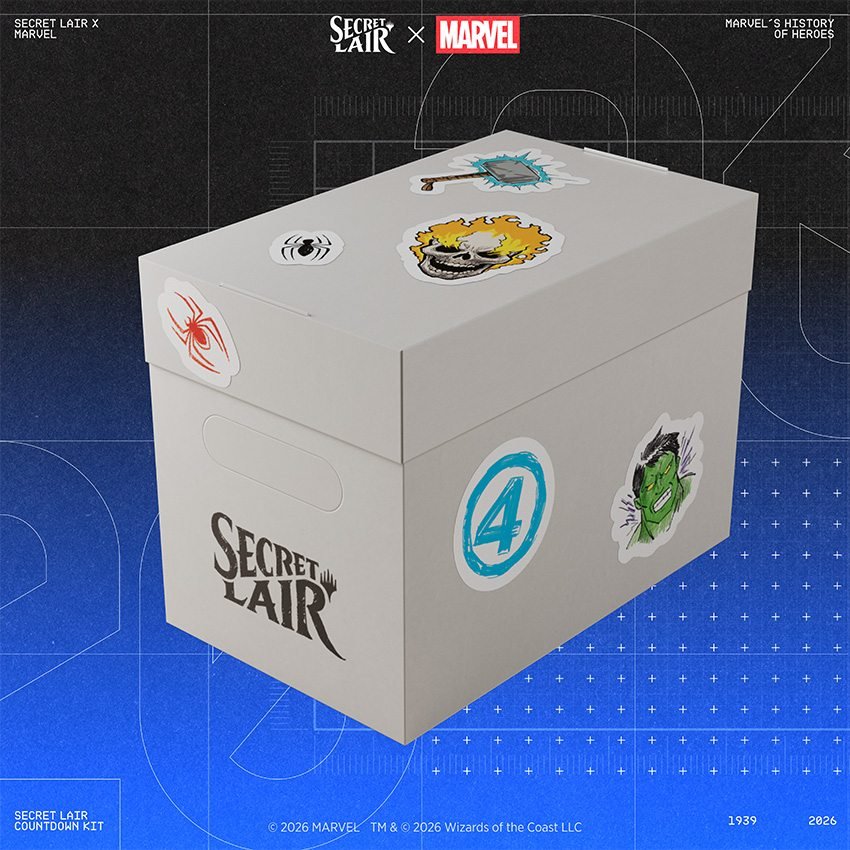 Secret Lair Countdown Kit: Marvel's History of Heroes box, styled like a comic short box with Marvel stickers