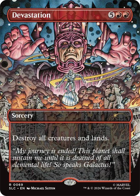 Devastation with Silver Surfer and Galactus art from Marvel's History of Heroes