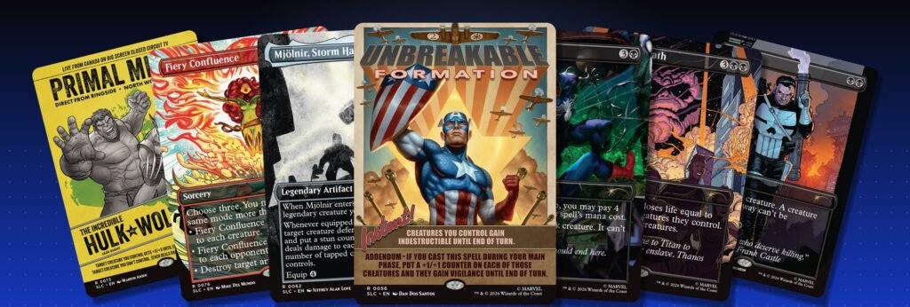 Marvel's History of Heroes Secret Lair Countdown Kit cards: Captain America, Thor, Jean Grey, Hulk and Wolverine, Venom, Thanos and Punisher