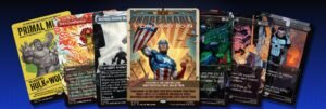 Marvel's History of Heroes Secret Lair Countdown Kit cards: Captain America, Thor, Jean Grey, Hulk and Wolverine, Venom, Thanos and Punisher