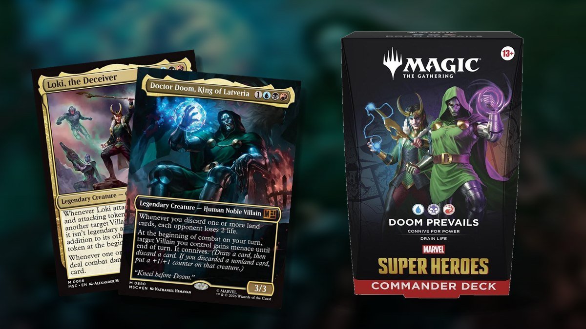 Doom Prevails Commander deck box with Doctor Doom, King of Latveria and Loki, the Deceiver cards