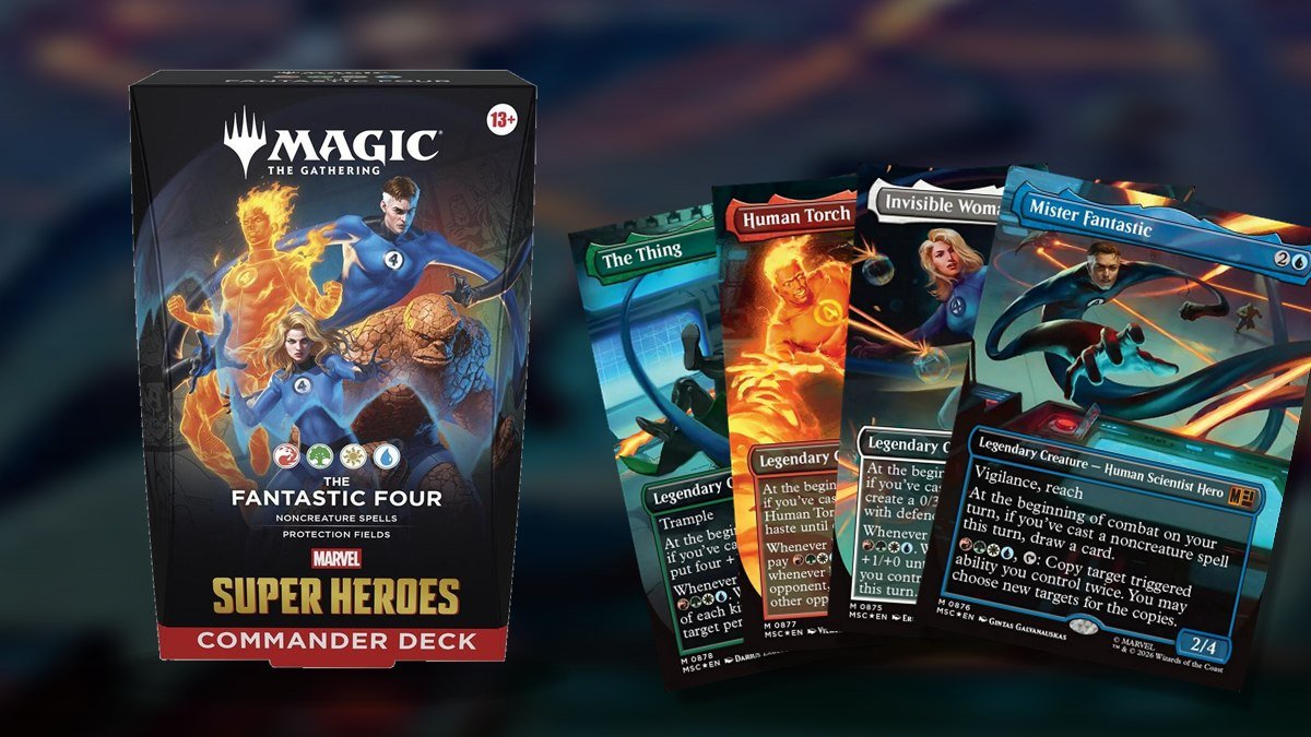 The Fantastic Four Commander deck box with Mister Fantastic, Invisible Woman, Human Torch and The Thing cards