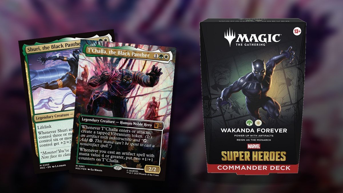 Wakanda Forever Commander deck box with T’Challa, the Black Panther and Shuri, the Black Panther cards