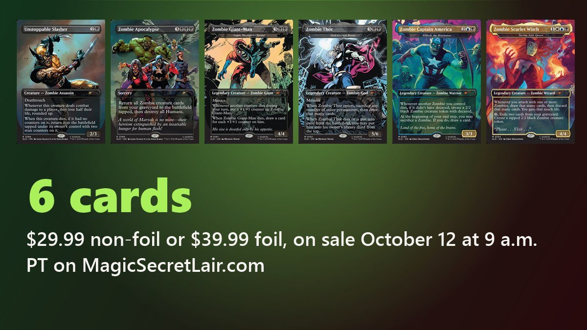 All six Secret Lair x Marvel: Zombies cards with the drop price and sale date