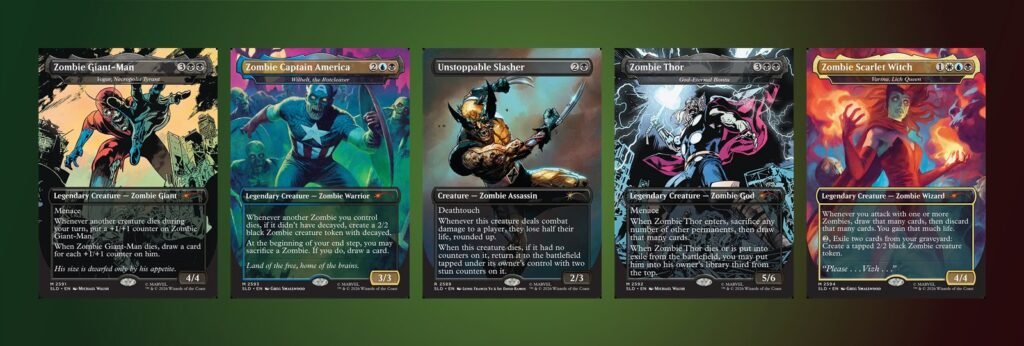 Zombie Giant-Man, Zombie Captain America, Unstoppable Slasher as Wolverine, Zombie Thor and Zombie Scarlet Witch from Secret Lair x Marvel: Zombies