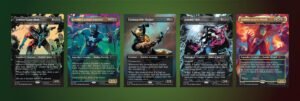 Zombie Giant-Man, Zombie Captain America, Unstoppable Slasher as Wolverine, Zombie Thor and Zombie Scarlet Witch from Secret Lair x Marvel: Zombies