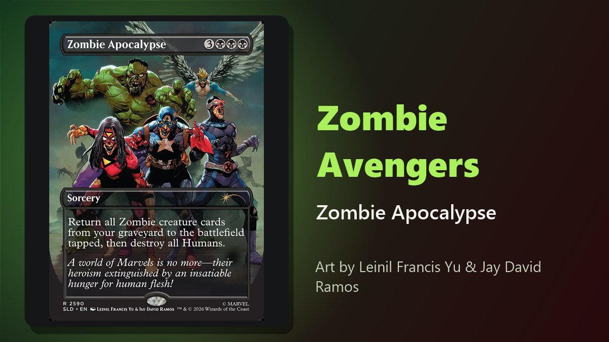 Zombie Apocalypse card with a zombie Avengers horde from Secret Lair x Marvel: Zombies