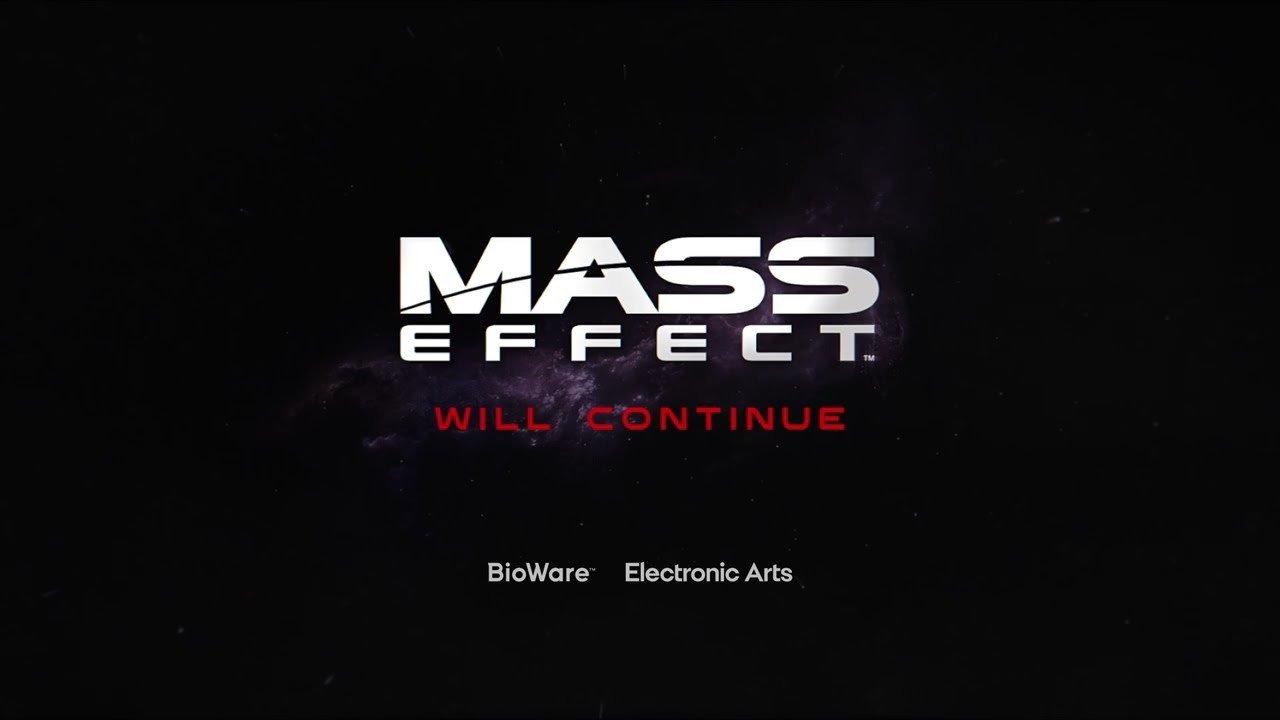 The "Mass Effect will continue" end card from BioWare's 2020 teaser for the next Mass Effect, with the BioWare and Electronic Arts logos