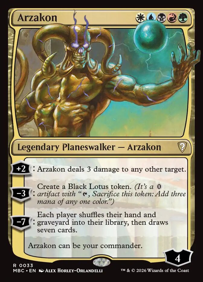 Arzakon, a five-color planeswalker commander from Mystery Booster Commander Edition