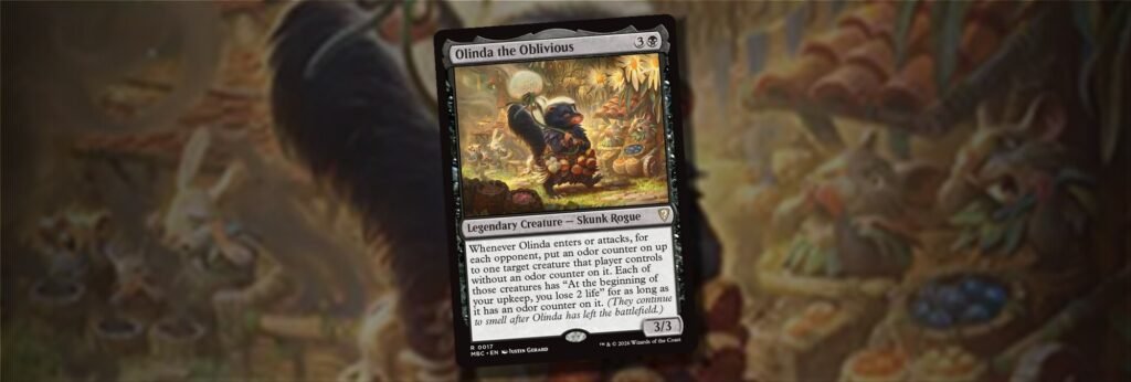 Olinda the Oblivious card from Mystery Booster Commander Edition over its own blurred artwork