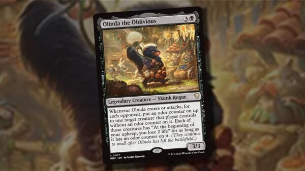 Olinda the Oblivious card from Mystery Booster Commander Edition over its own blurred artwork