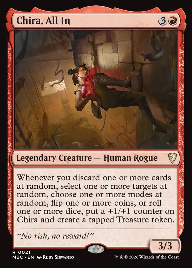 Chira, All In, a red Human Rogue commander from Mystery Booster Commander Edition