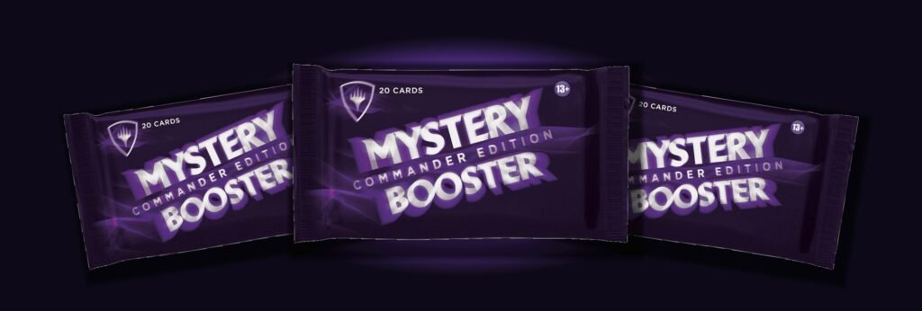 Three Mystery Booster Commander Edition booster packs, one player's packs for a Commander Draft