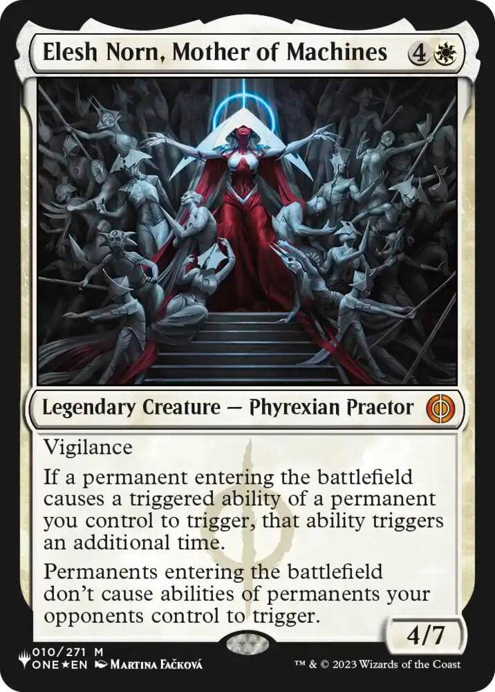 Elesh Norn, Mother of Machines with the Planeswalker stamp, a Mystery Booster Commander Edition reprint