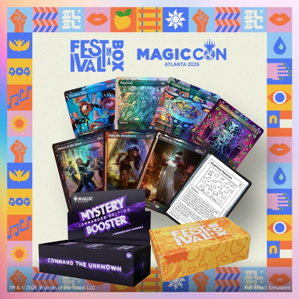 Festival in a Box: Atlanta 2026 contents: a Mystery Booster Commander Edition box, Secret Gallery foils and promo cards