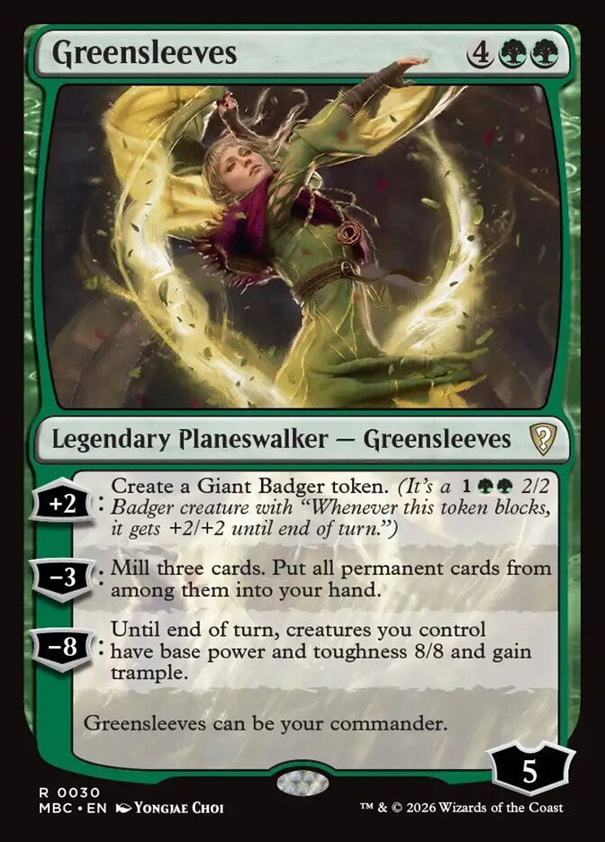Greensleeves planeswalker commander card from Mystery Booster Commander Edition