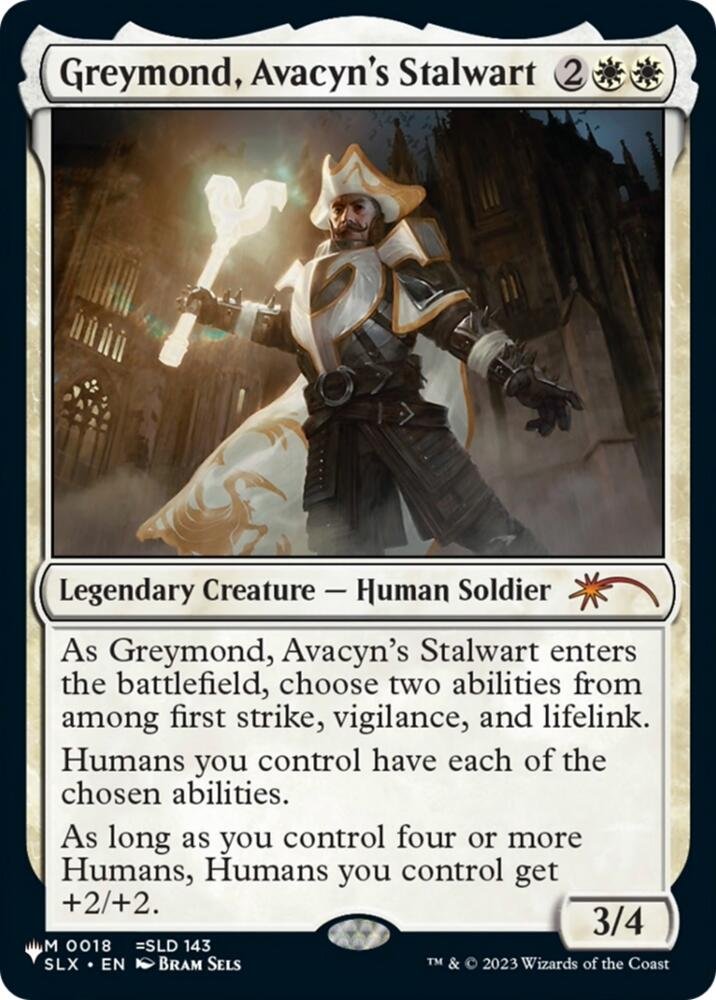 Greymond, Avacyn's Stalwart Planeswalker-stamped reprint (SLX printing) from Mystery Booster Commander Edition