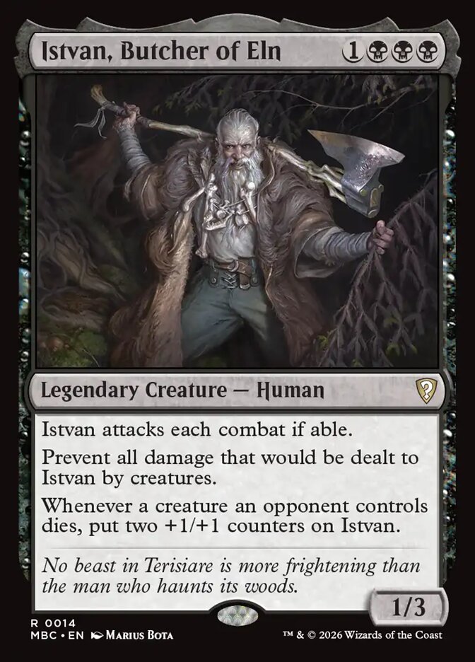 Istvan, Butcher of Eln, a one-color black commander from Mystery Booster Commander Edition