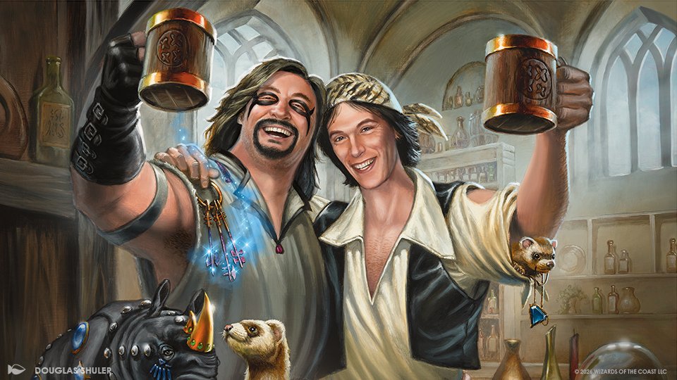 Joven and Chandler raising mugs in a tavern, official art for the Mystery Booster Commander Edition commander