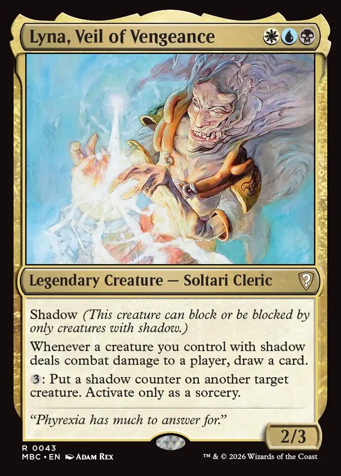Lyna, Veil of Vengeance, an Esper Soltari commander with shadow from Mystery Booster Commander Edition