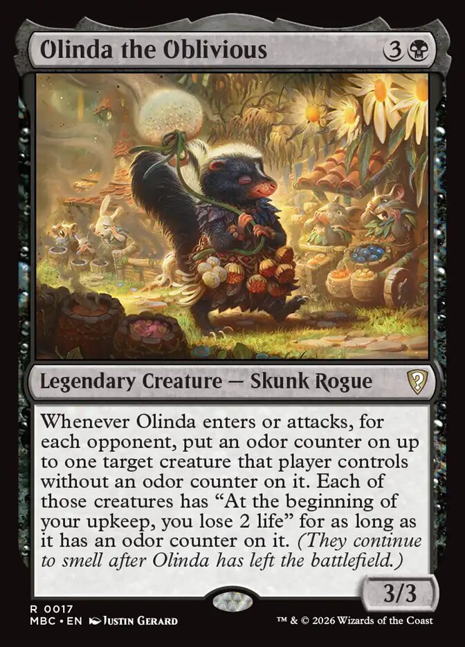 Olinda the Oblivious, a black Skunk Rogue commander from Mystery Booster Commander Edition