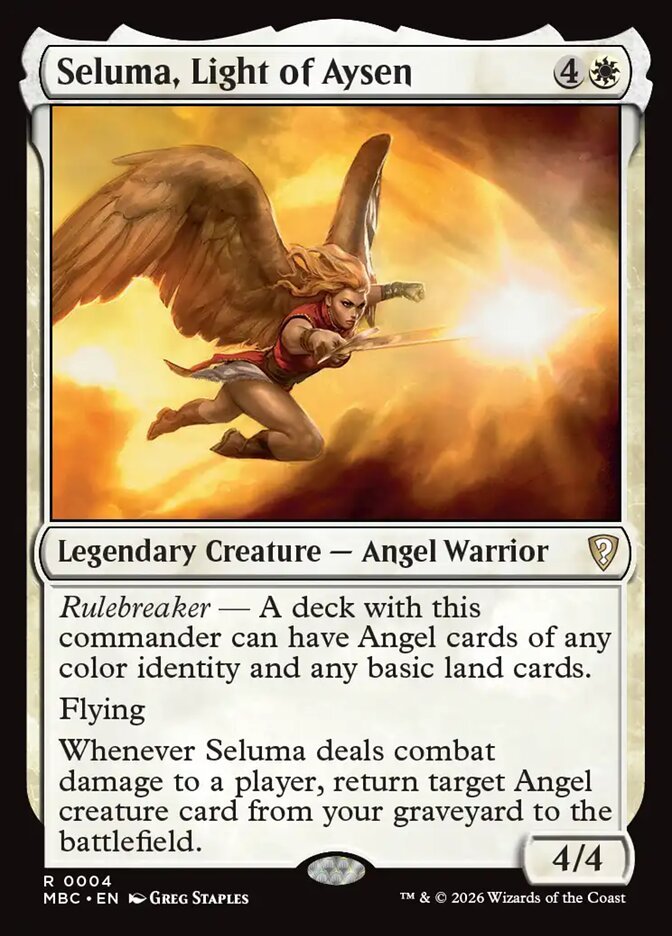 Seluma, Light of Aysen, a Rulebreaker commander that allows Angels of any color