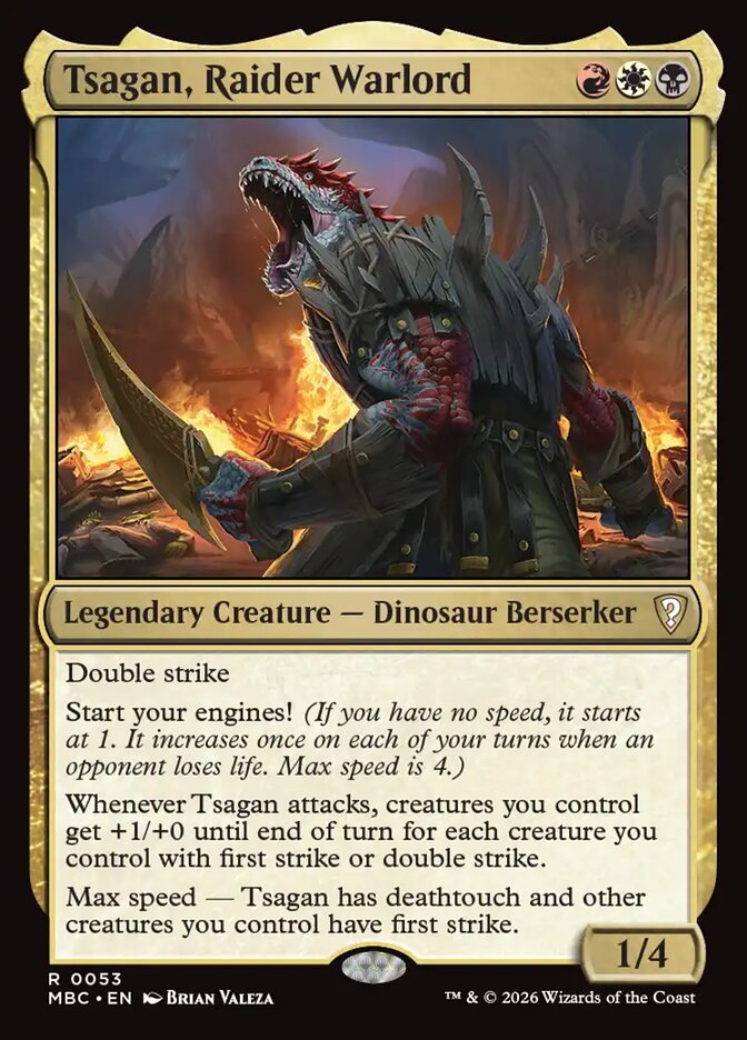 Tsagan, Raider Warlord, the Alchemy dinosaur now printed in Mystery Booster Commander Edition