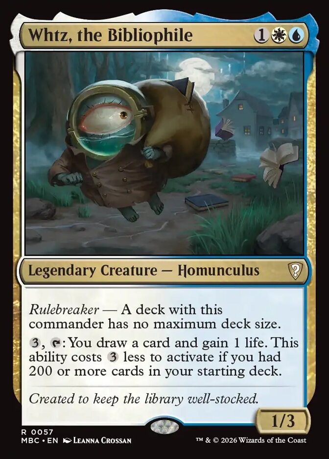 Whtz, the Bibliophile, a Rulebreaker commander with no maximum deck size