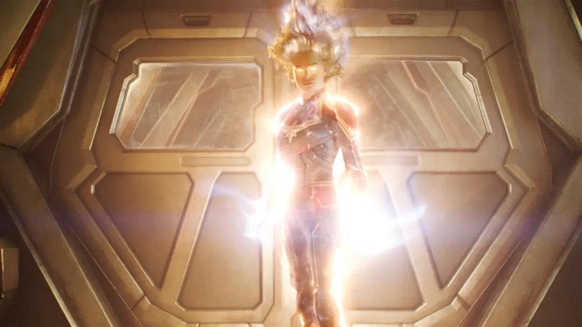 Captain Marvel glowing with cosmic energy